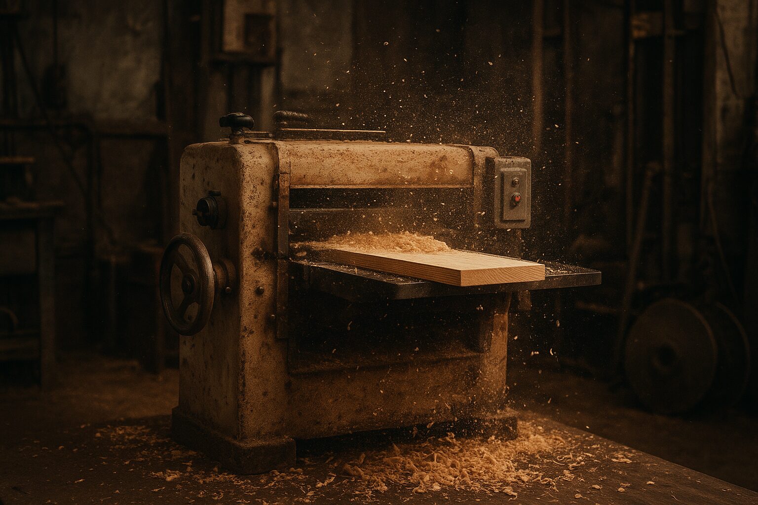 昭和期の木工機械を象徴する古い自動かんな盤。鉄の質感と木の香りが混ざるような、時代の記憶を閉じ込めた風景。